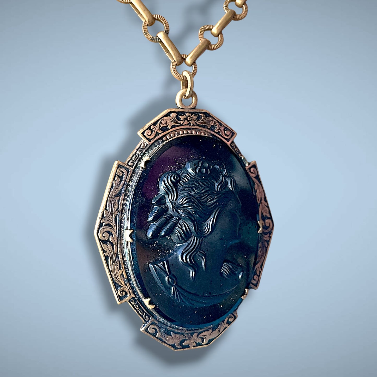 Victorian Engraved Gothic Black Glass Cameo Extra Long Heavy Brass Chain Necklace