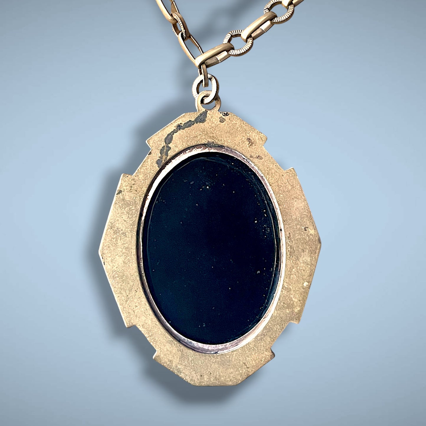 Victorian Engraved Gothic Black Glass Cameo Extra Long Heavy Brass Chain Necklace