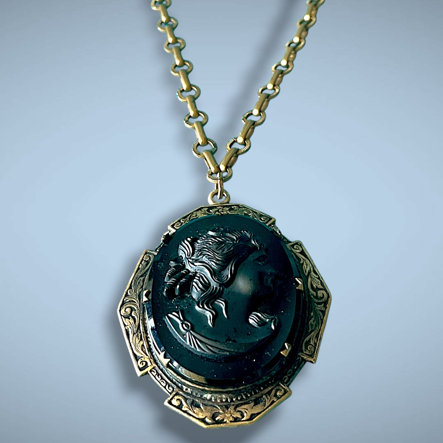 Victorian Engraved Gothic Black Glass Cameo Extra Long Heavy Brass Chain Necklace