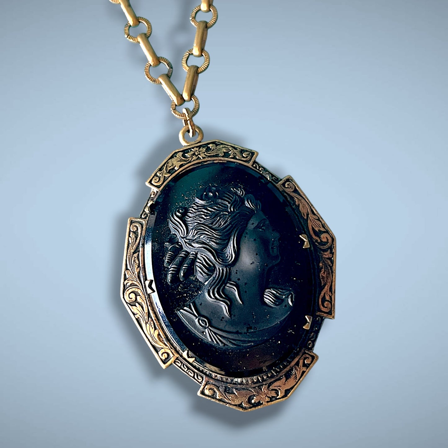 Victorian Engraved Gothic Black Glass Cameo Extra Long Heavy Brass Chain Necklace