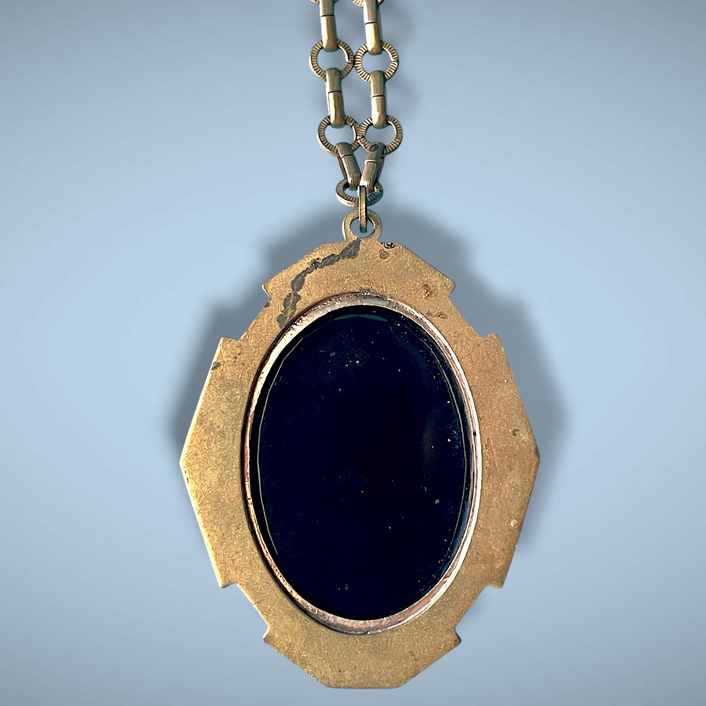 Victorian Engraved Gothic Black Glass Cameo Extra Long Heavy Brass Chain Necklace
