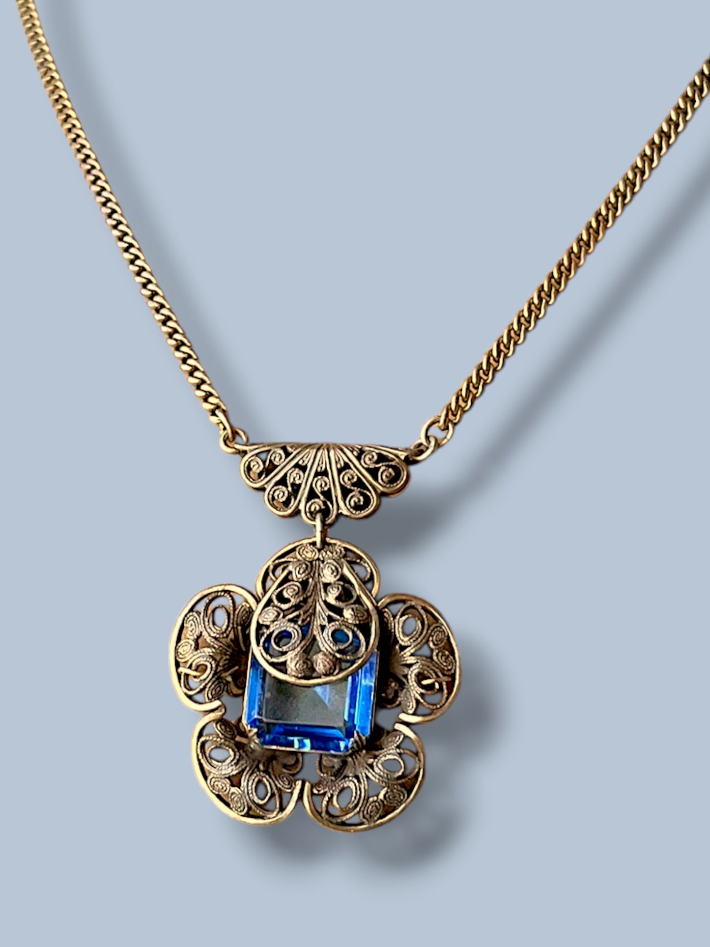 Art Deco Czechoslovakian Blue Crystal Brass Filigree Flower Necklace