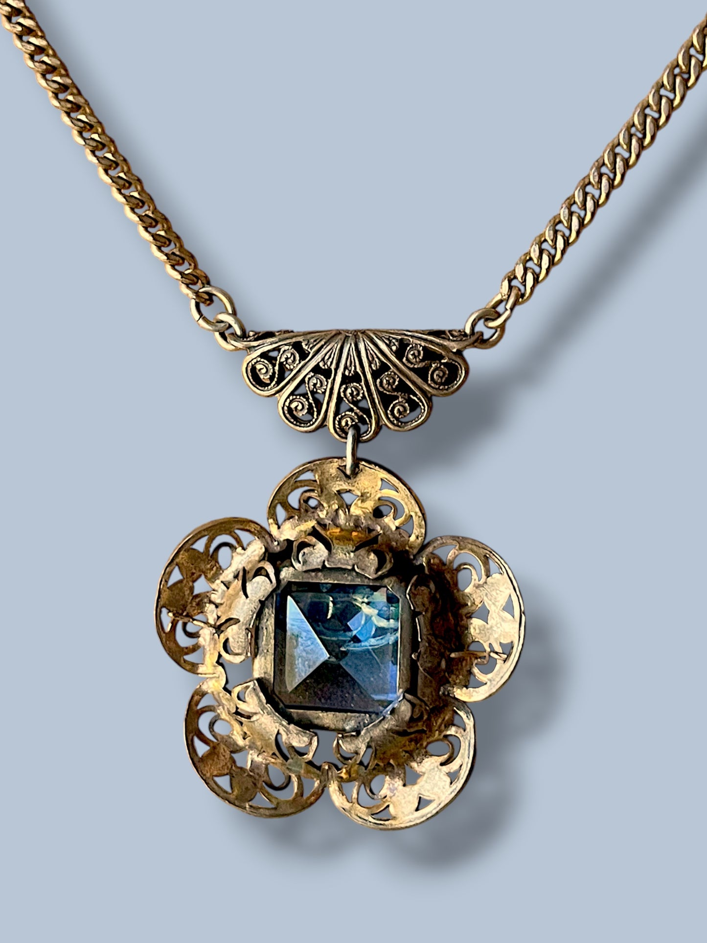 Art Deco Czechoslovakian Blue Crystal Brass Filigree Flower Necklace