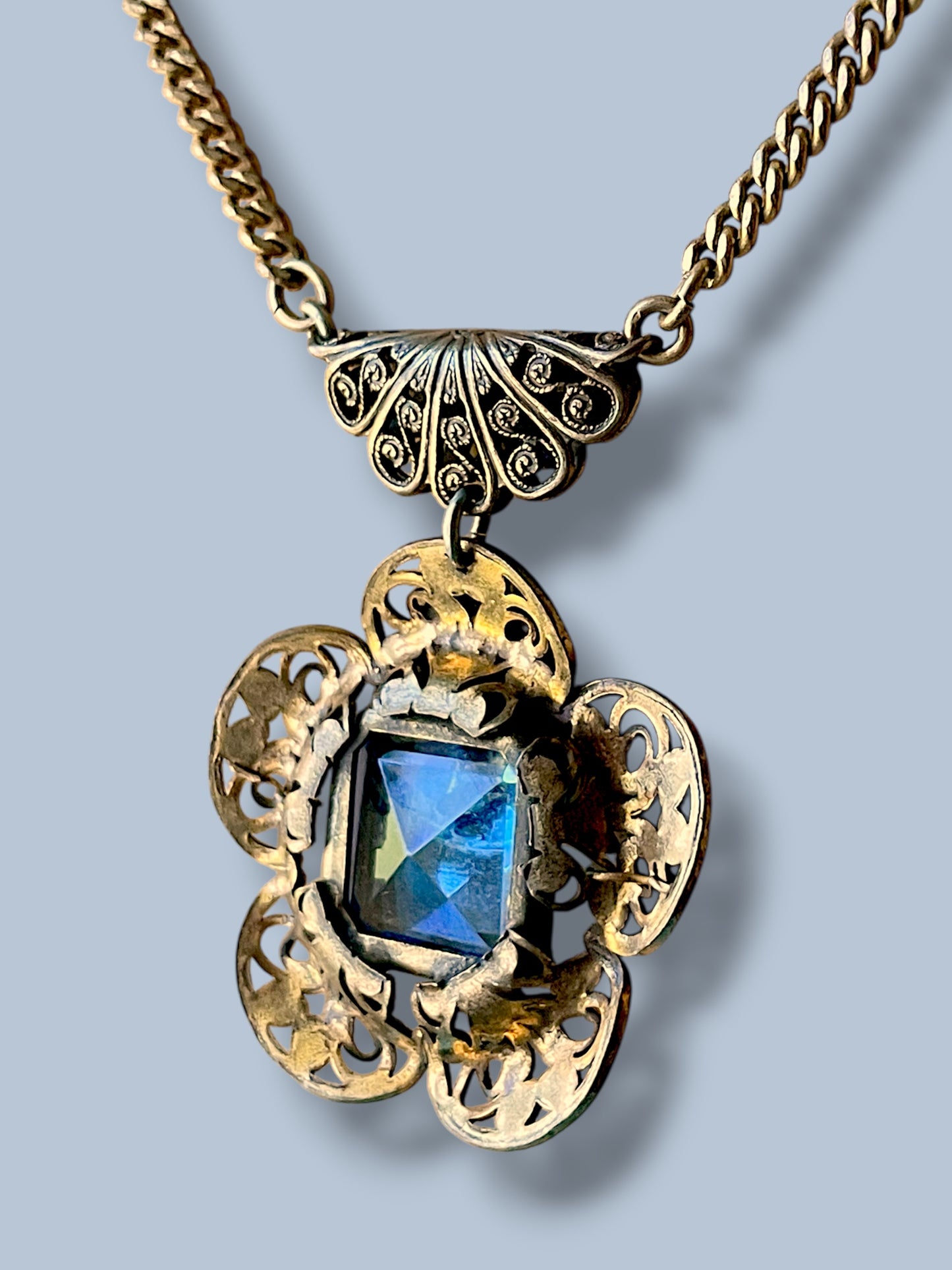 Art Deco Czechoslovakian Blue Crystal Brass Filigree Flower Necklace
