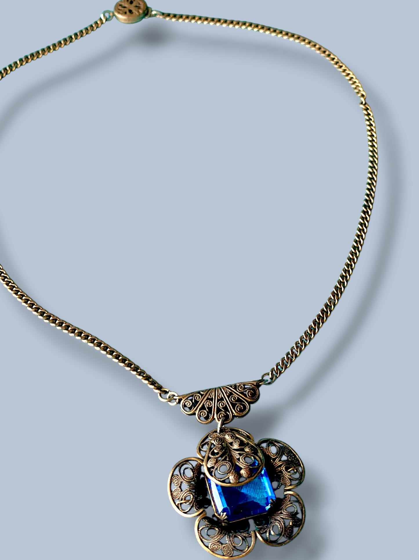 Art Deco Czechoslovakian Blue Crystal Brass Filigree Flower Necklace