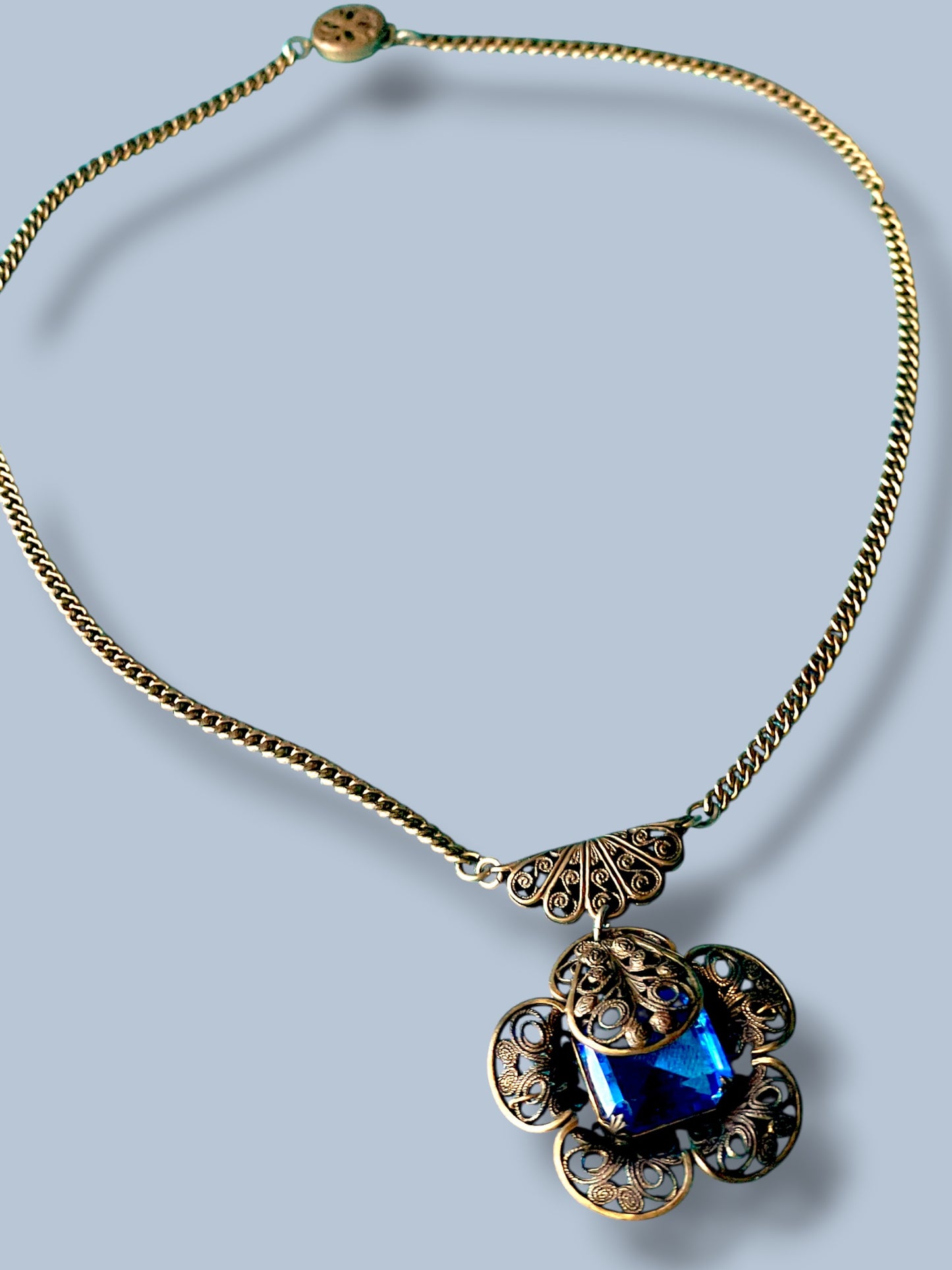 Art Deco Czechoslovakian Blue Crystal Brass Filigree Flower Necklace