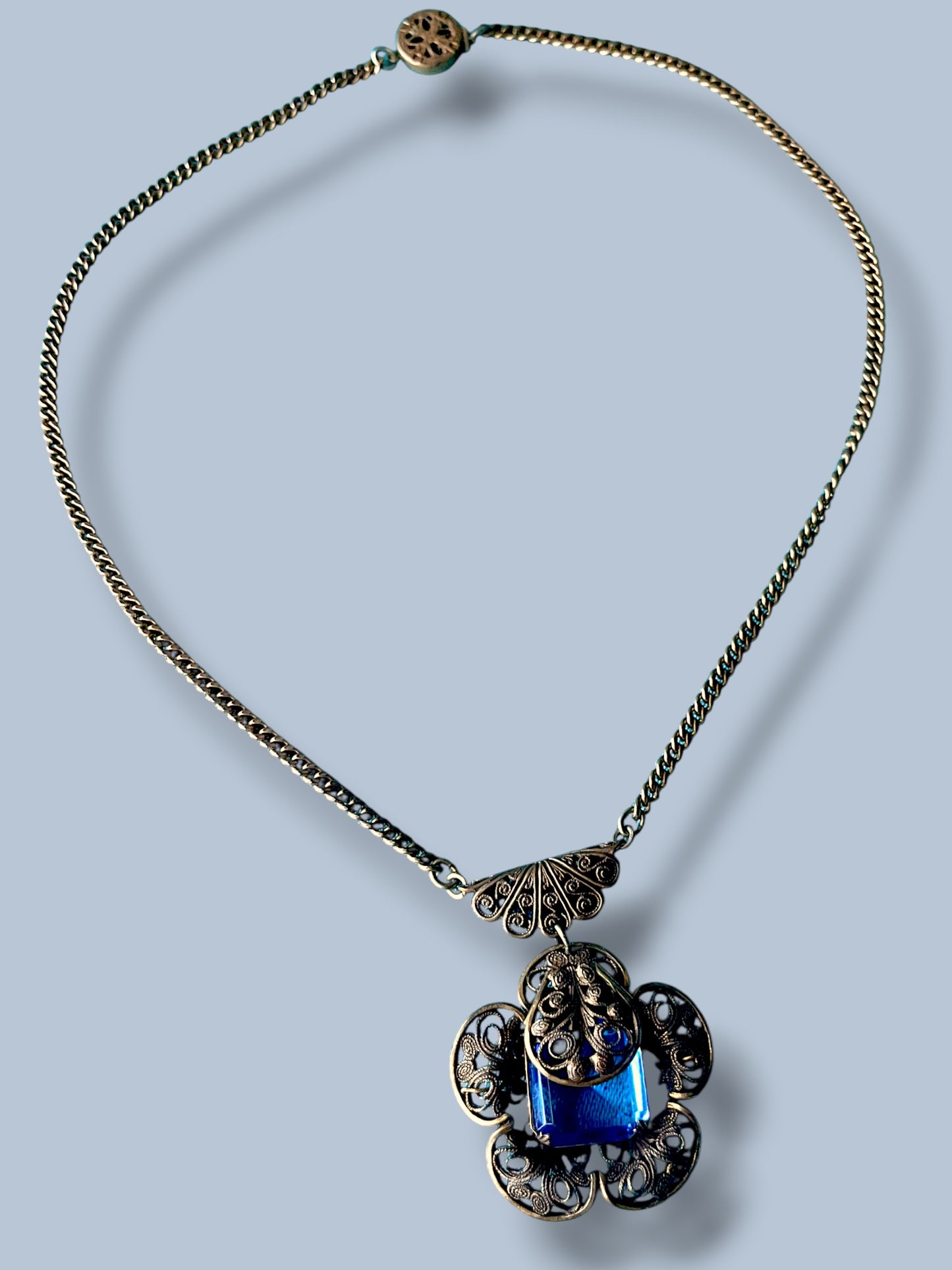 Art Deco Czechoslovakian Blue Crystal Brass Filigree Flower Necklace