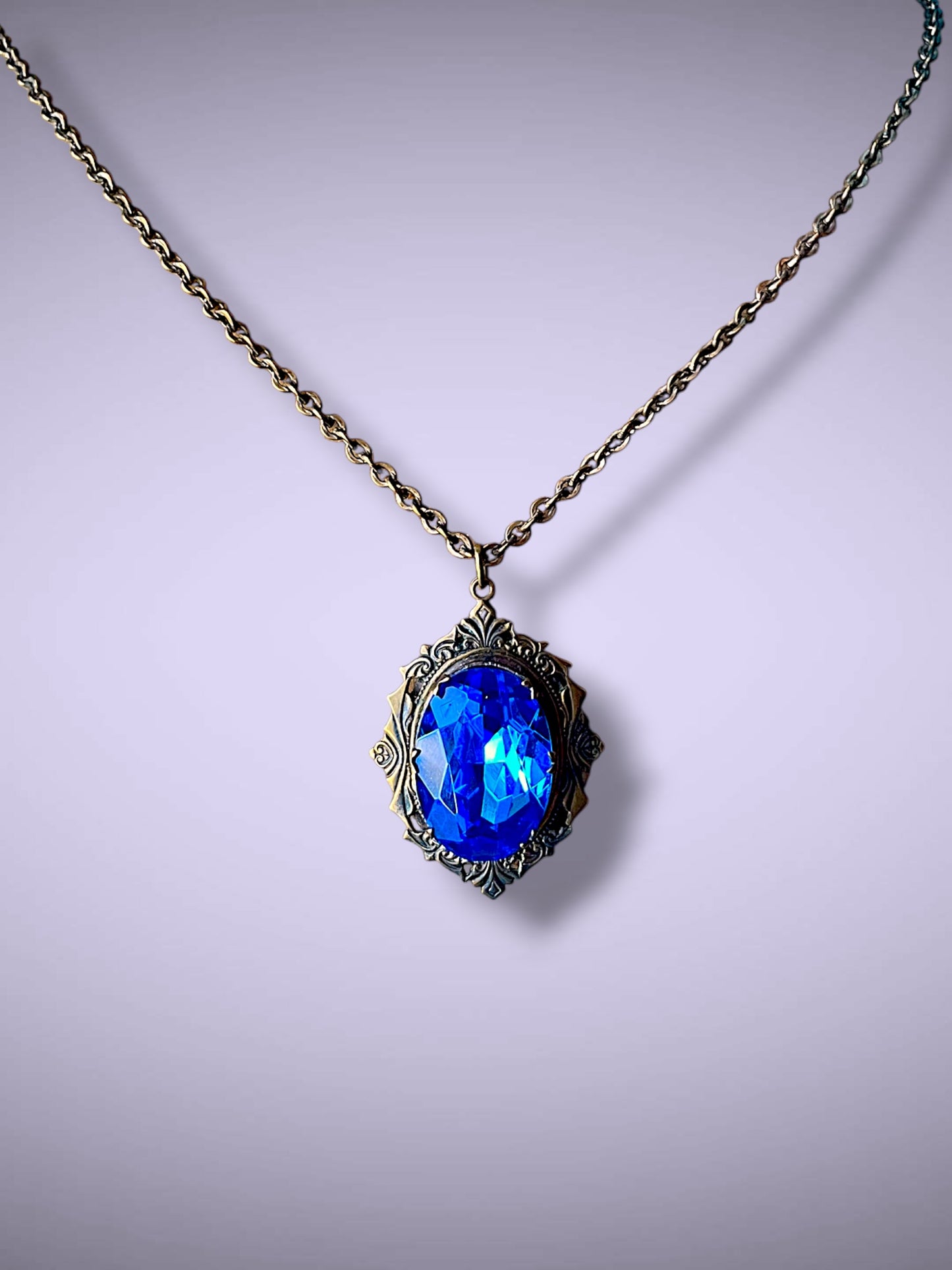 Huge Royal Blue Faceted Crystal Art Nouveau Brass Photo Locket Necklace