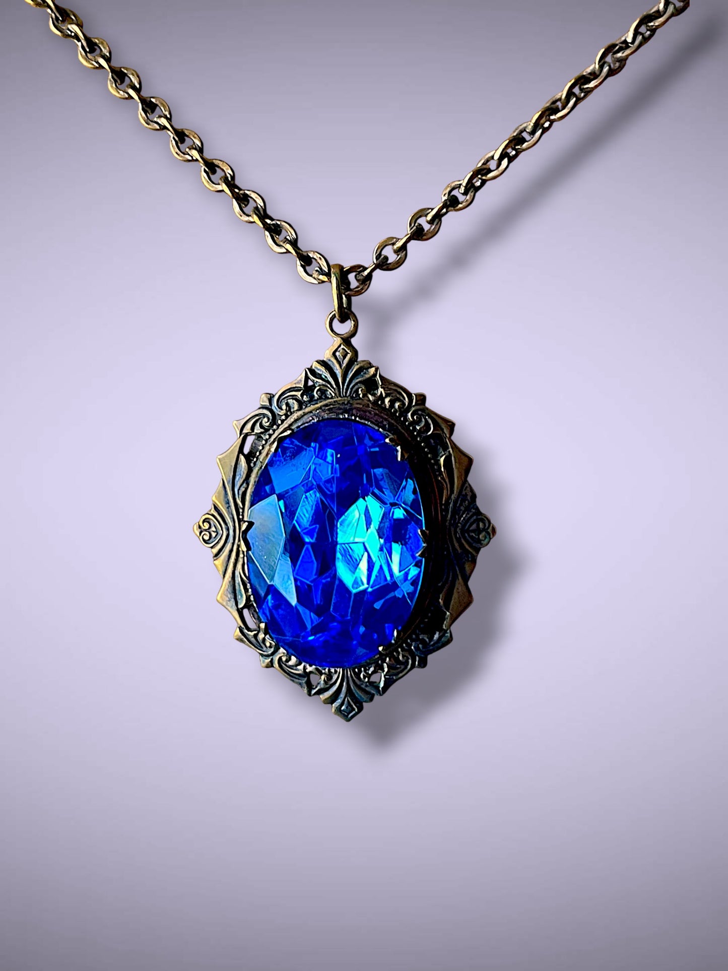 Huge Royal Blue Faceted Crystal Art Nouveau Brass Photo Locket Necklace
