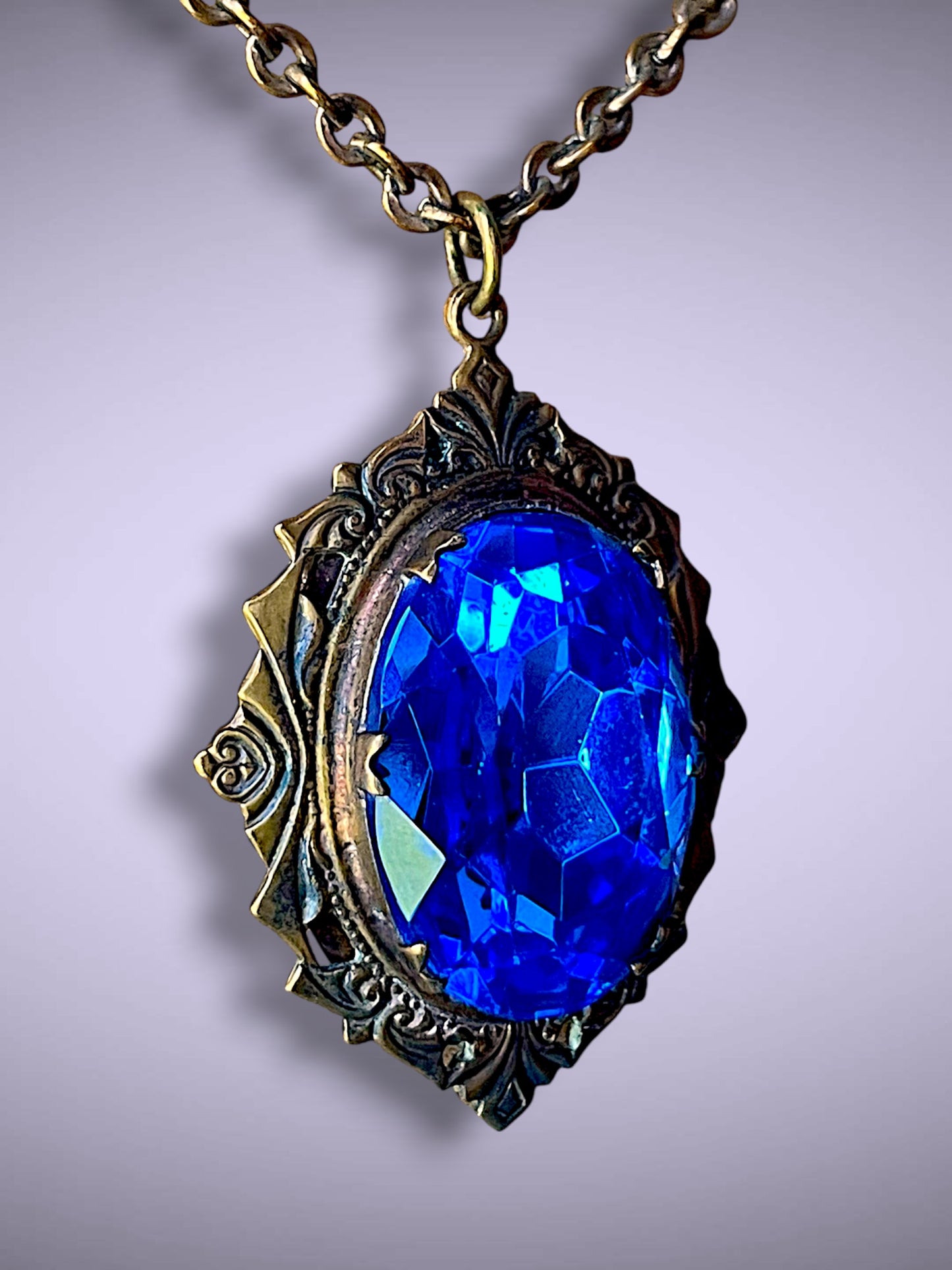 Huge Royal Blue Faceted Crystal Art Nouveau Brass Photo Locket Necklace