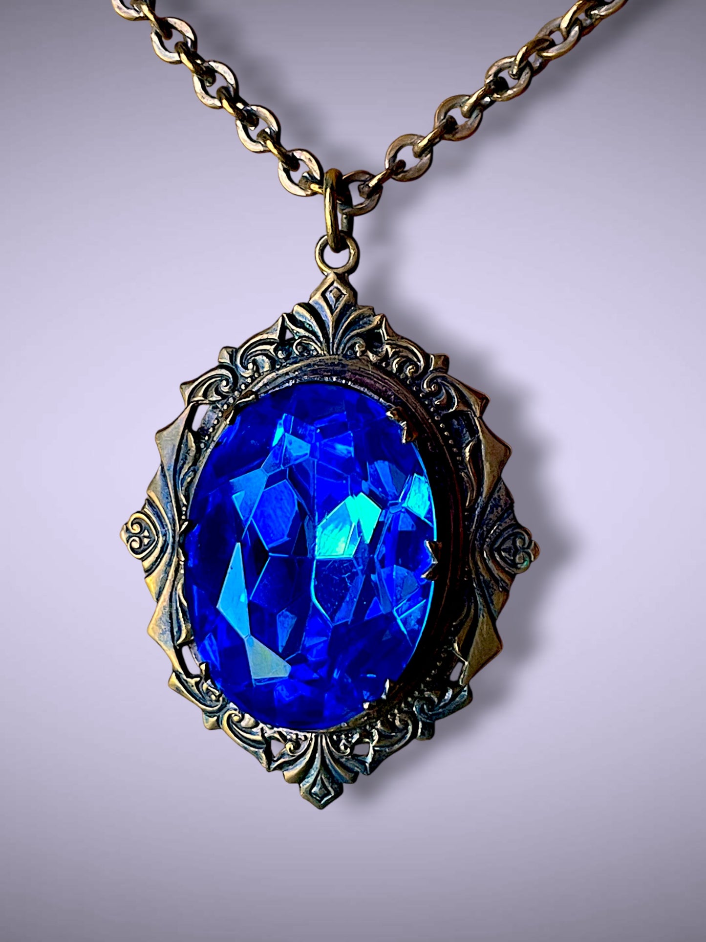 Huge Royal Blue Faceted Crystal Art Nouveau Brass Photo Locket Necklace