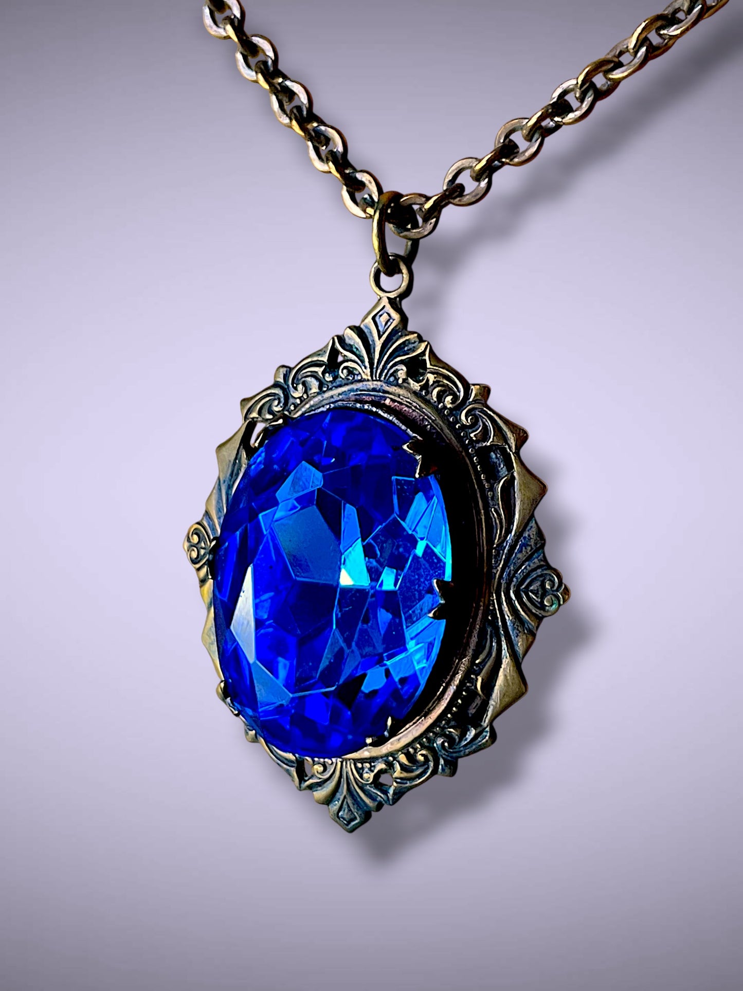 Huge Royal Blue Faceted Crystal Art Nouveau Brass Photo Locket Necklace