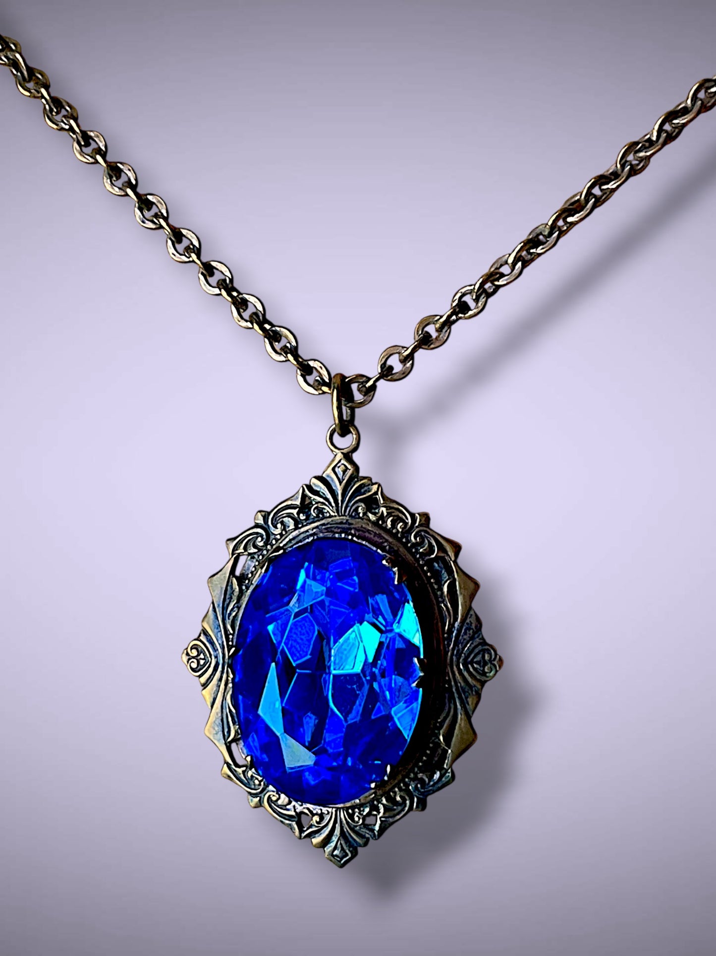 Huge Royal Blue Faceted Crystal Art Nouveau Brass Photo Locket Necklace
