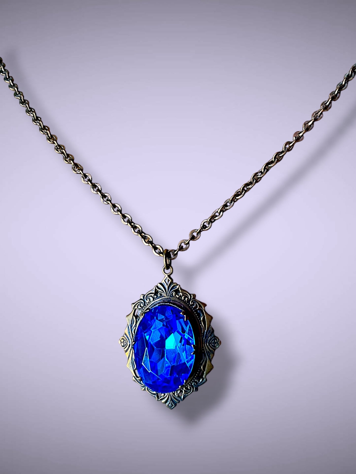 Huge Royal Blue Faceted Crystal Art Nouveau Brass Photo Locket Necklace
