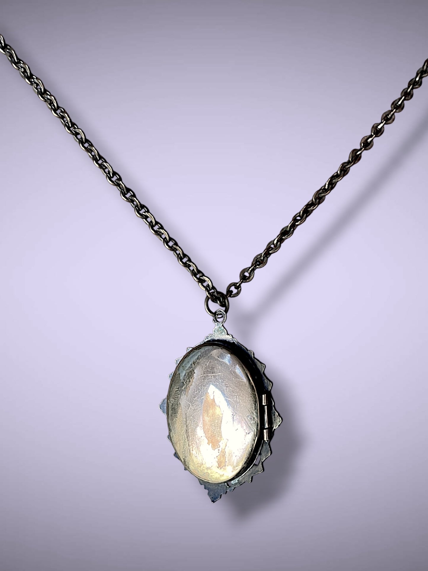 Huge Royal Blue Faceted Crystal Art Nouveau Brass Photo Locket Necklace