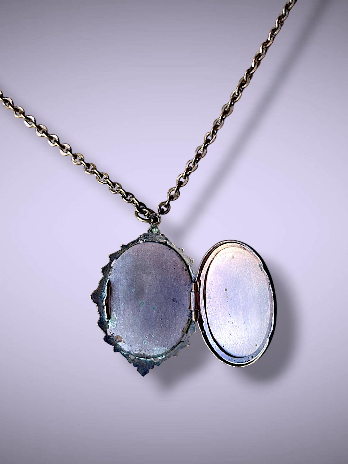 Huge Royal Blue Faceted Crystal Art Nouveau Brass Photo Locket Necklace