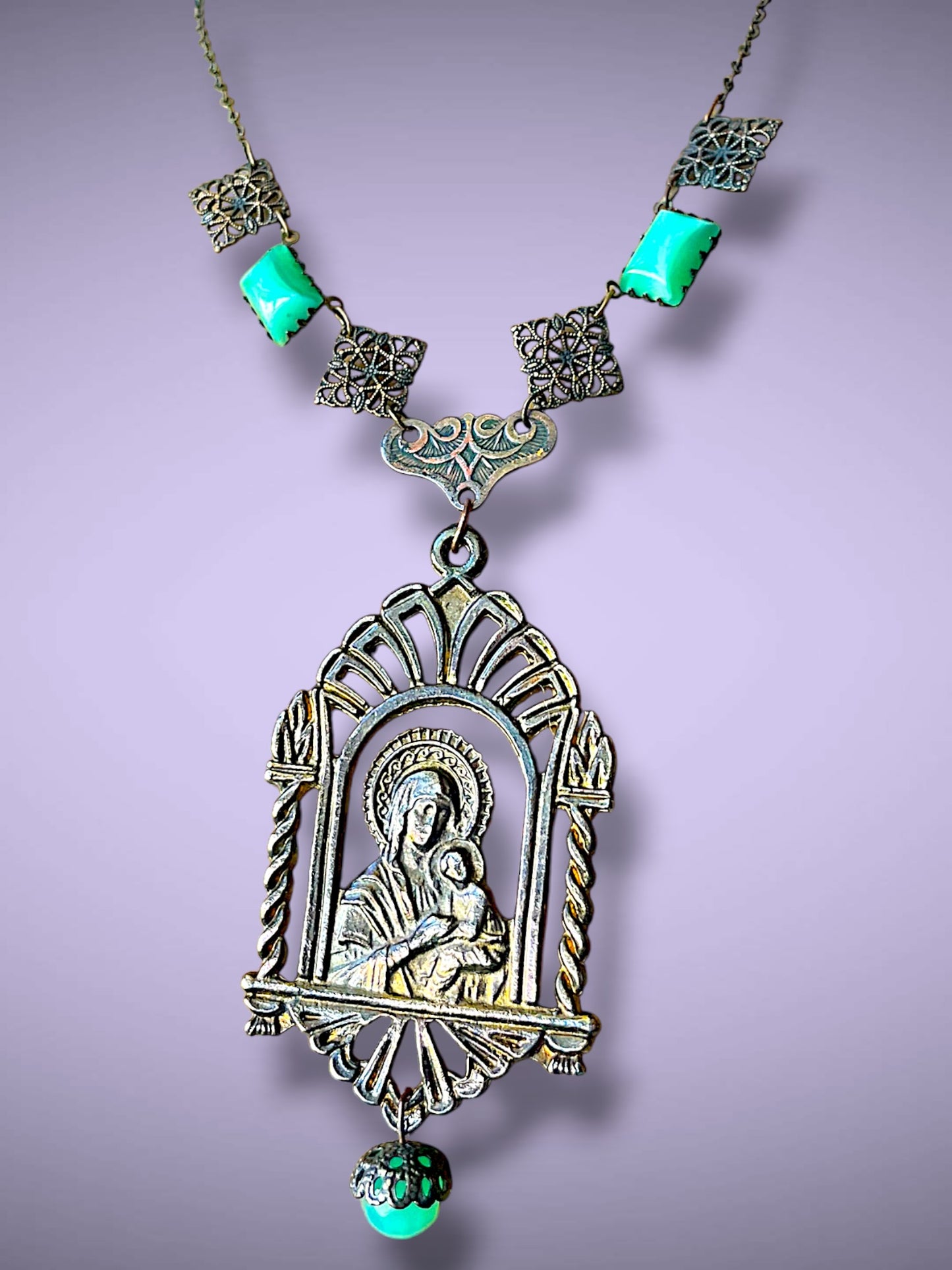 Art Nouveau Virgin Mary & Baby Jesus Brass Filigree & Peking Green Art Glass Pendant Necklace