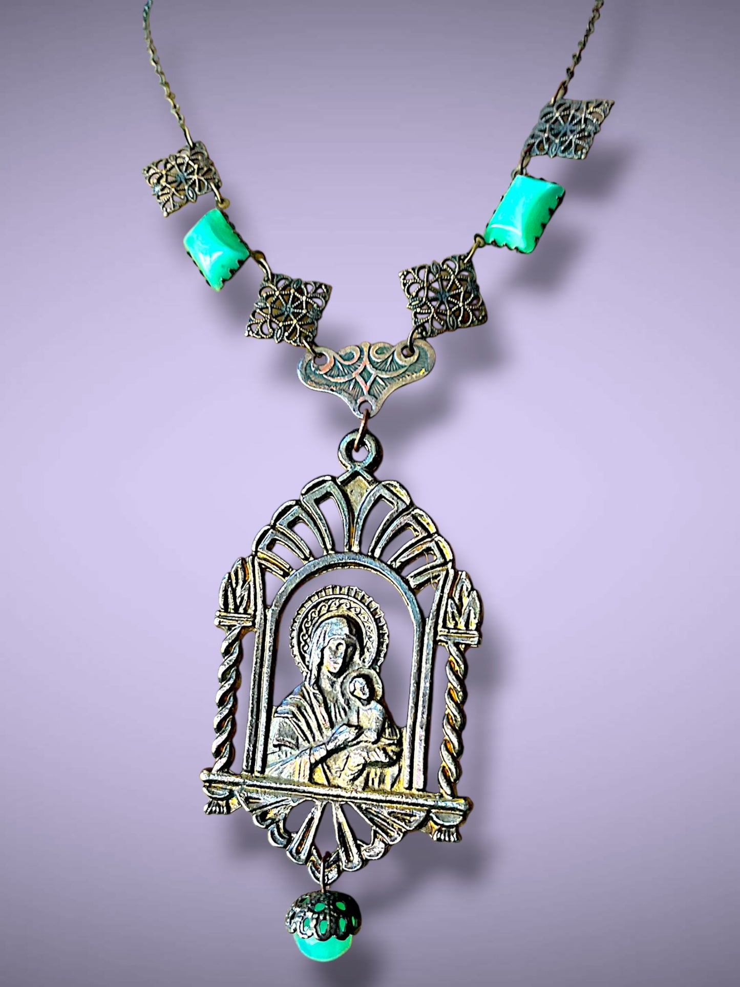 Art Nouveau Virgin Mary & Baby Jesus Brass Filigree & Peking Green Art Glass Pendant Necklace