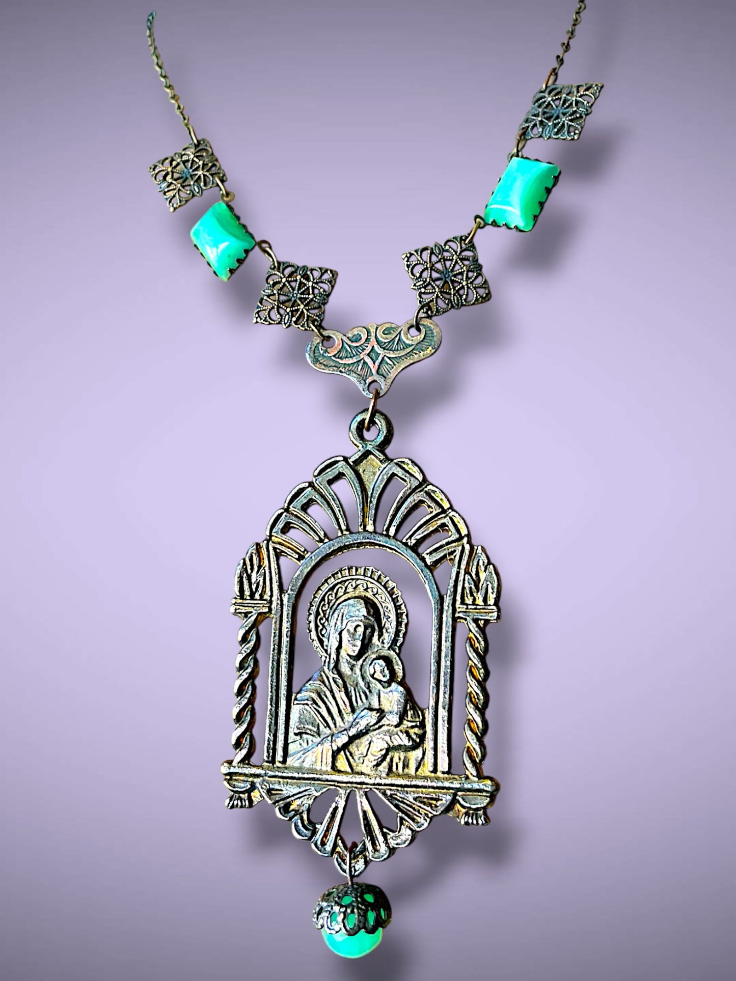 Art Nouveau Virgin Mary & Baby Jesus Brass Filigree & Peking Green Art Glass Pendant Necklace