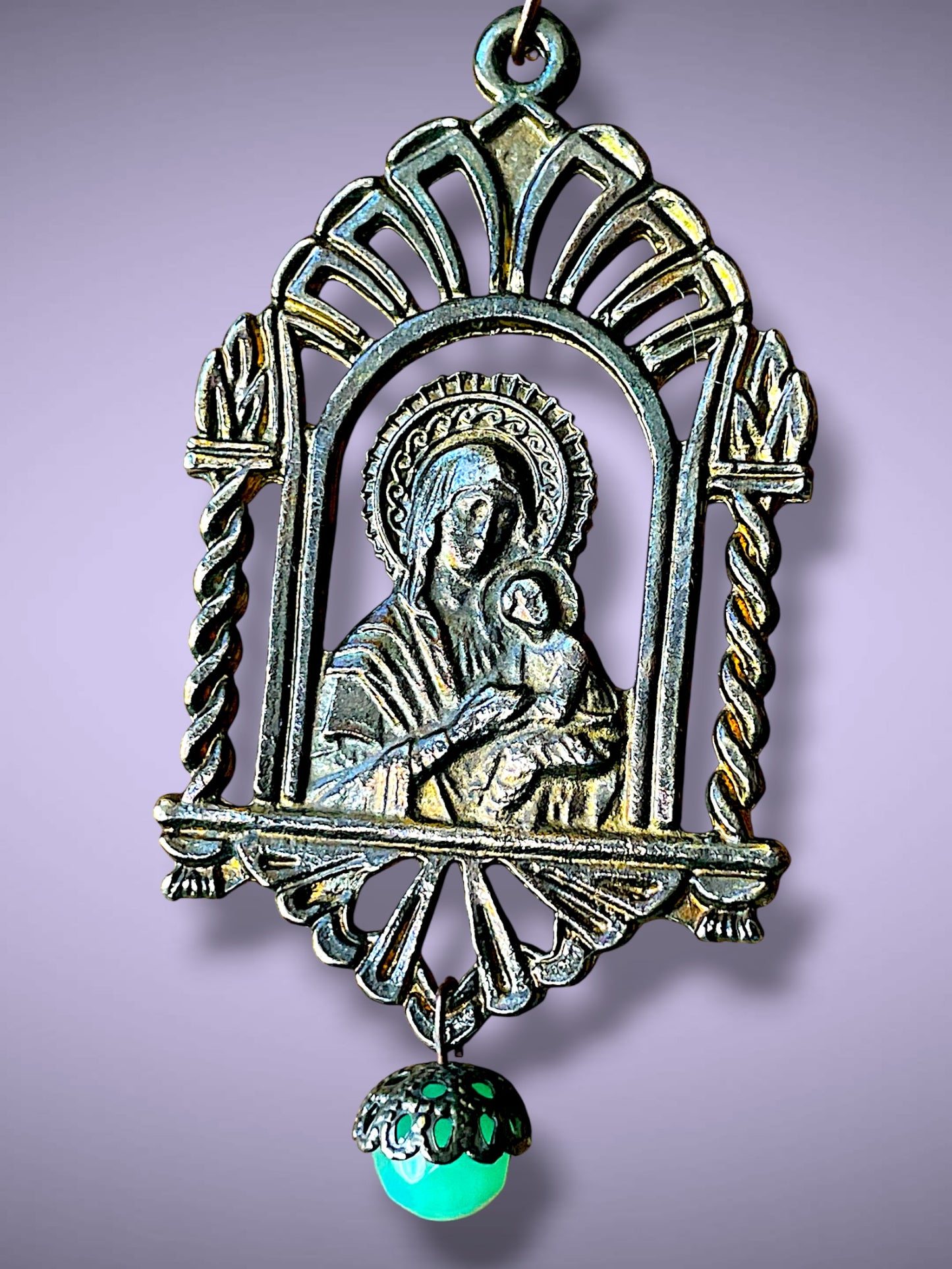 Art Nouveau Virgin Mary & Baby Jesus Brass Filigree & Peking Green Art Glass Pendant Necklace