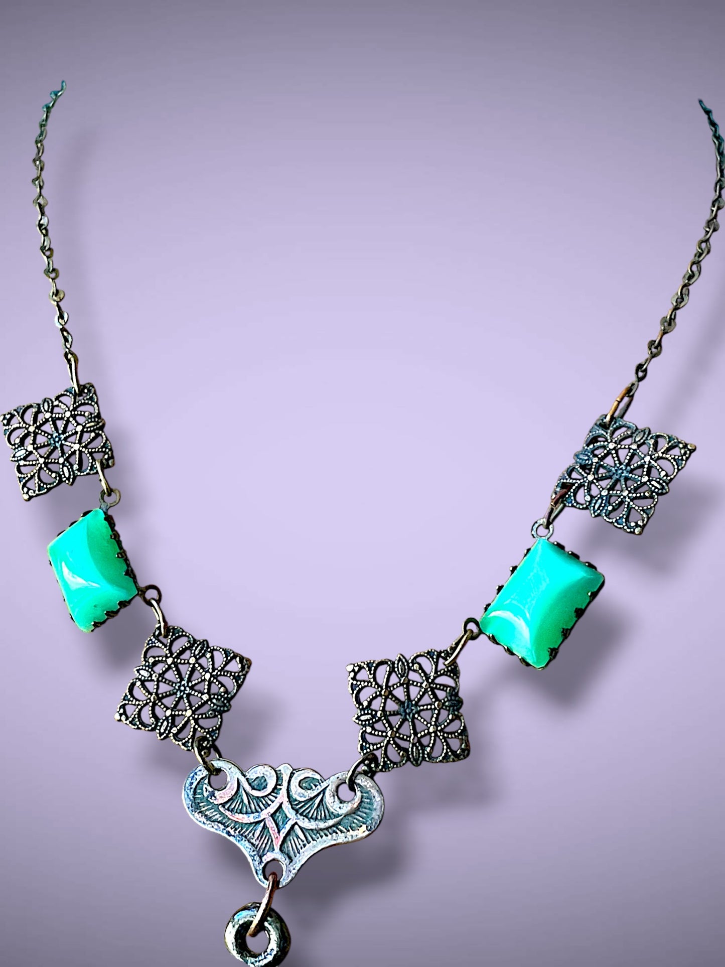 Art Nouveau Virgin Mary & Baby Jesus Brass Filigree & Peking Green Art Glass Pendant Necklace