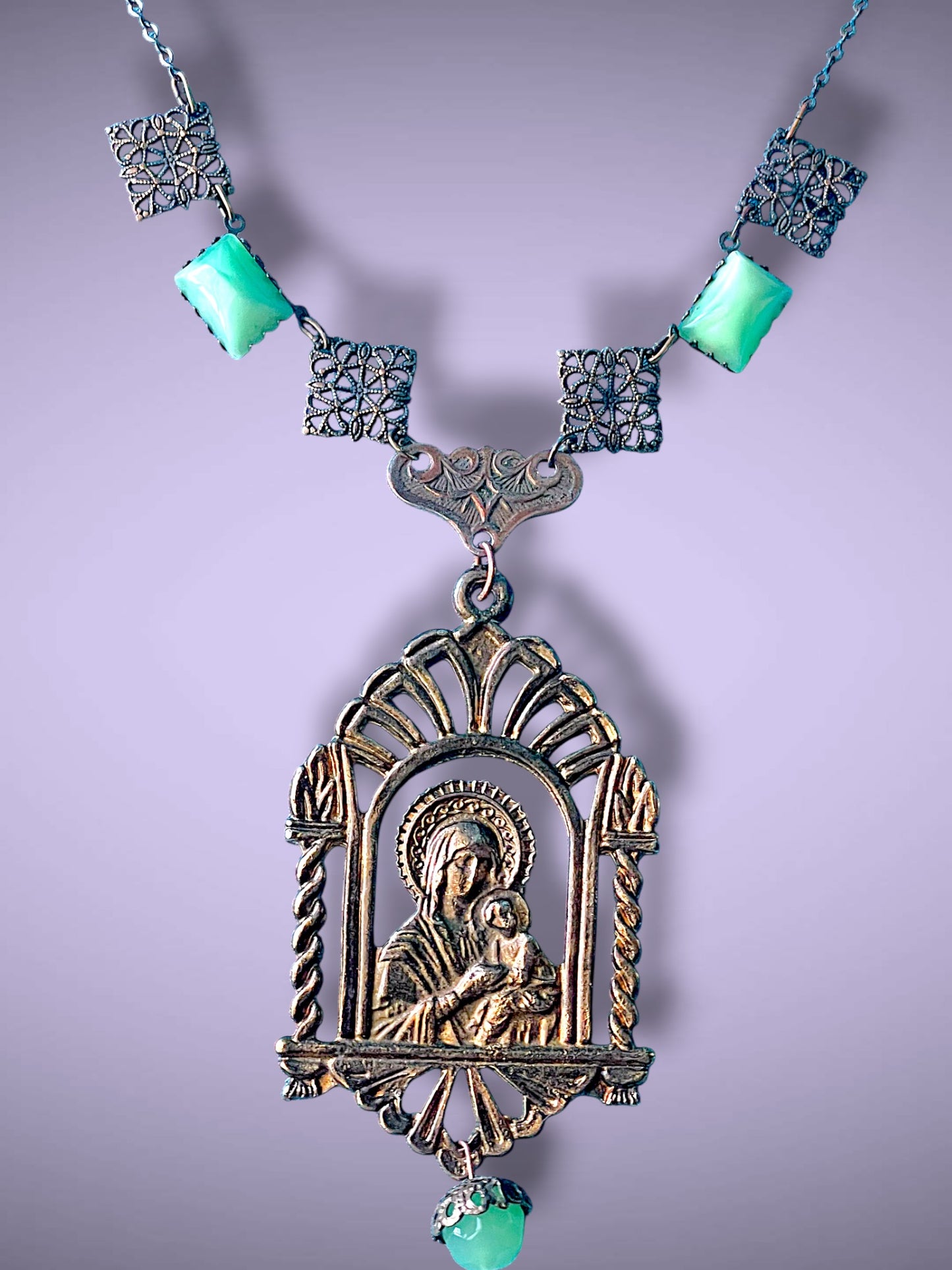 Art Nouveau Virgin Mary & Baby Jesus Brass Filigree & Peking Green Art Glass Pendant Necklace