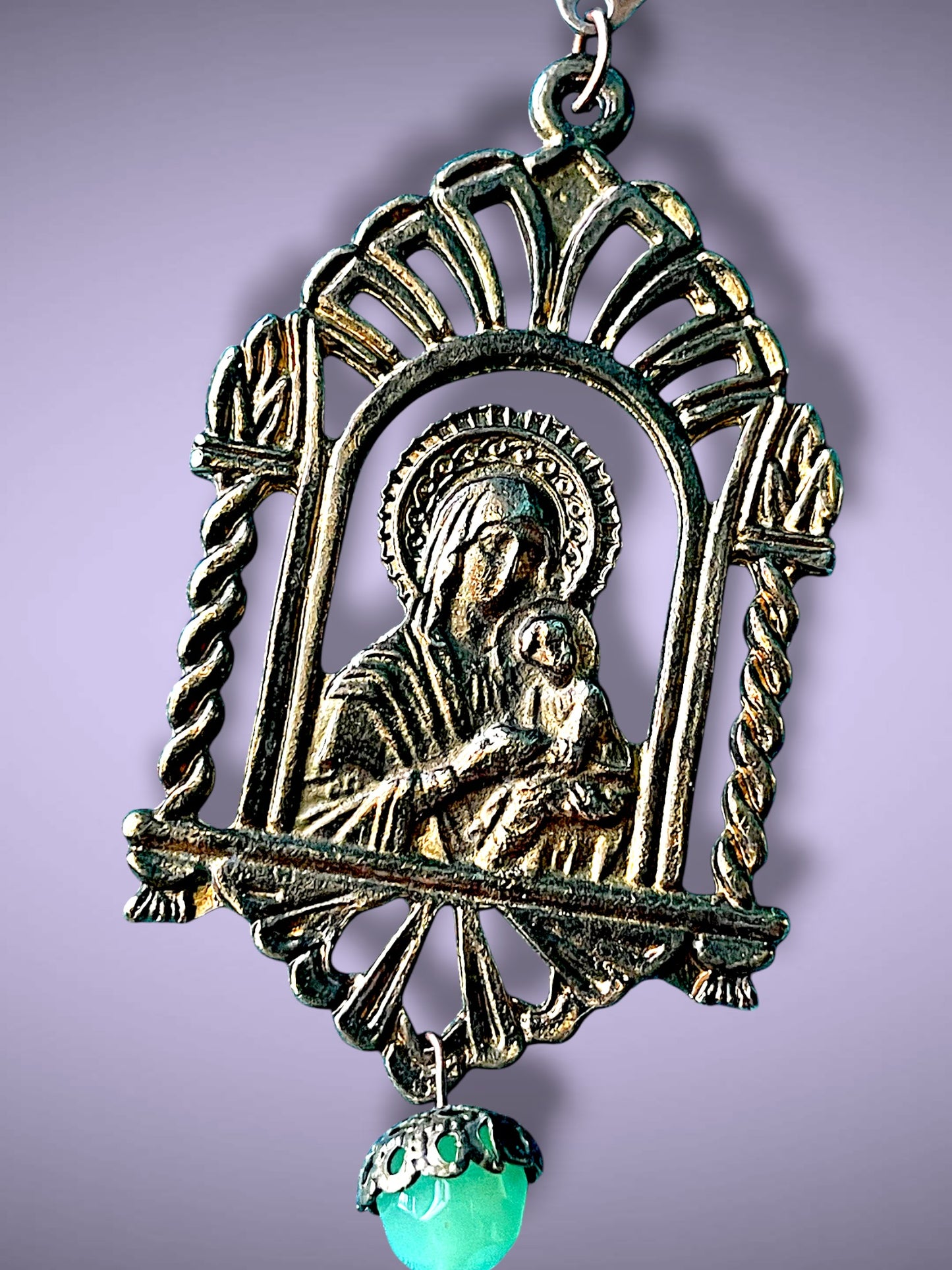 Art Nouveau Virgin Mary & Baby Jesus Brass Filigree & Peking Green Art Glass Pendant Necklace