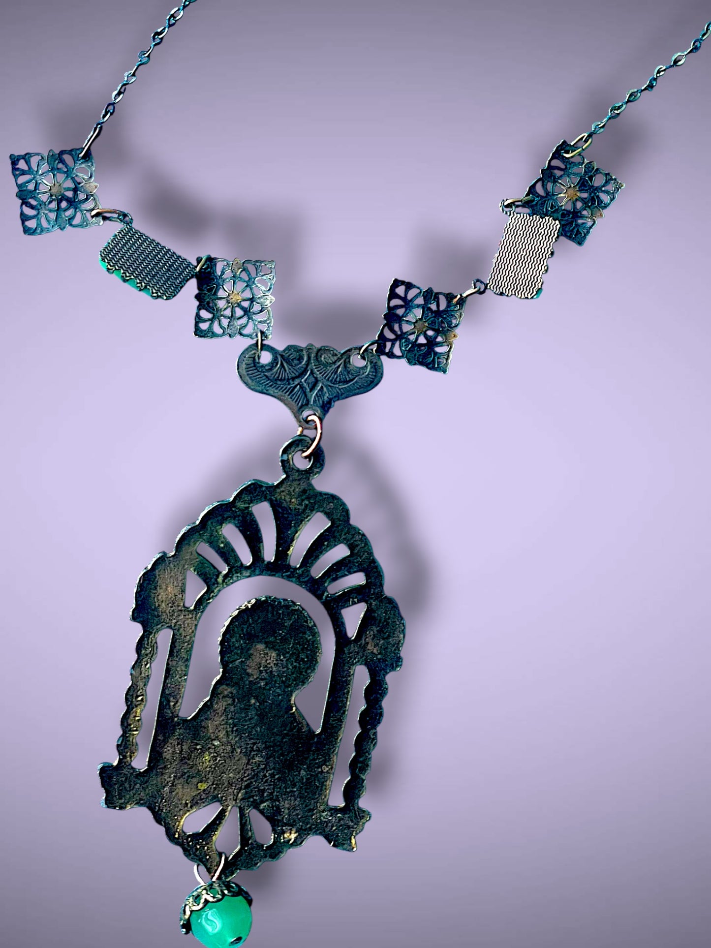 Art Nouveau Virgin Mary & Baby Jesus Brass Filigree & Peking Green Art Glass Pendant Necklace