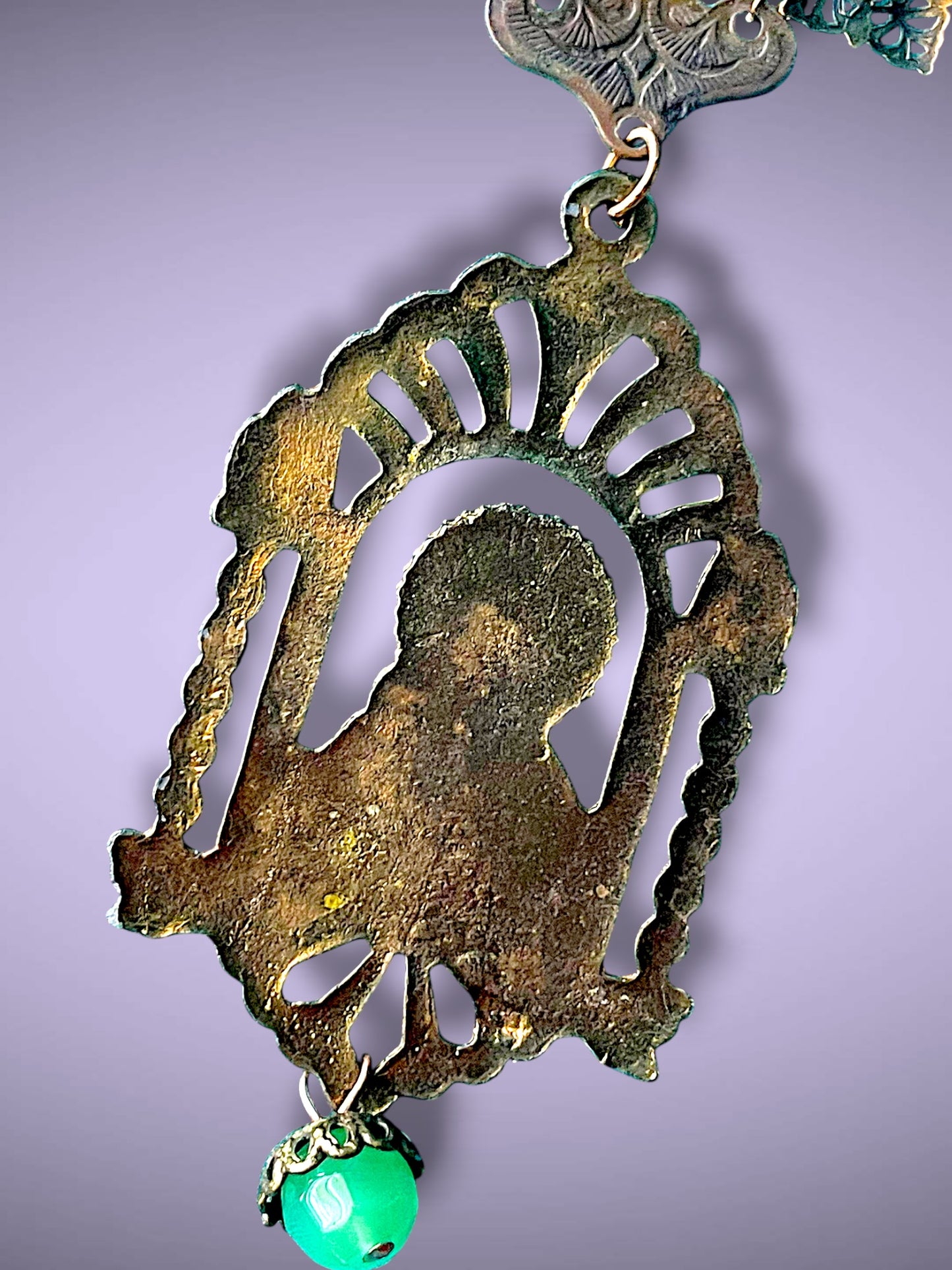 Art Nouveau Virgin Mary & Baby Jesus Brass Filigree & Peking Green Art Glass Pendant Necklace