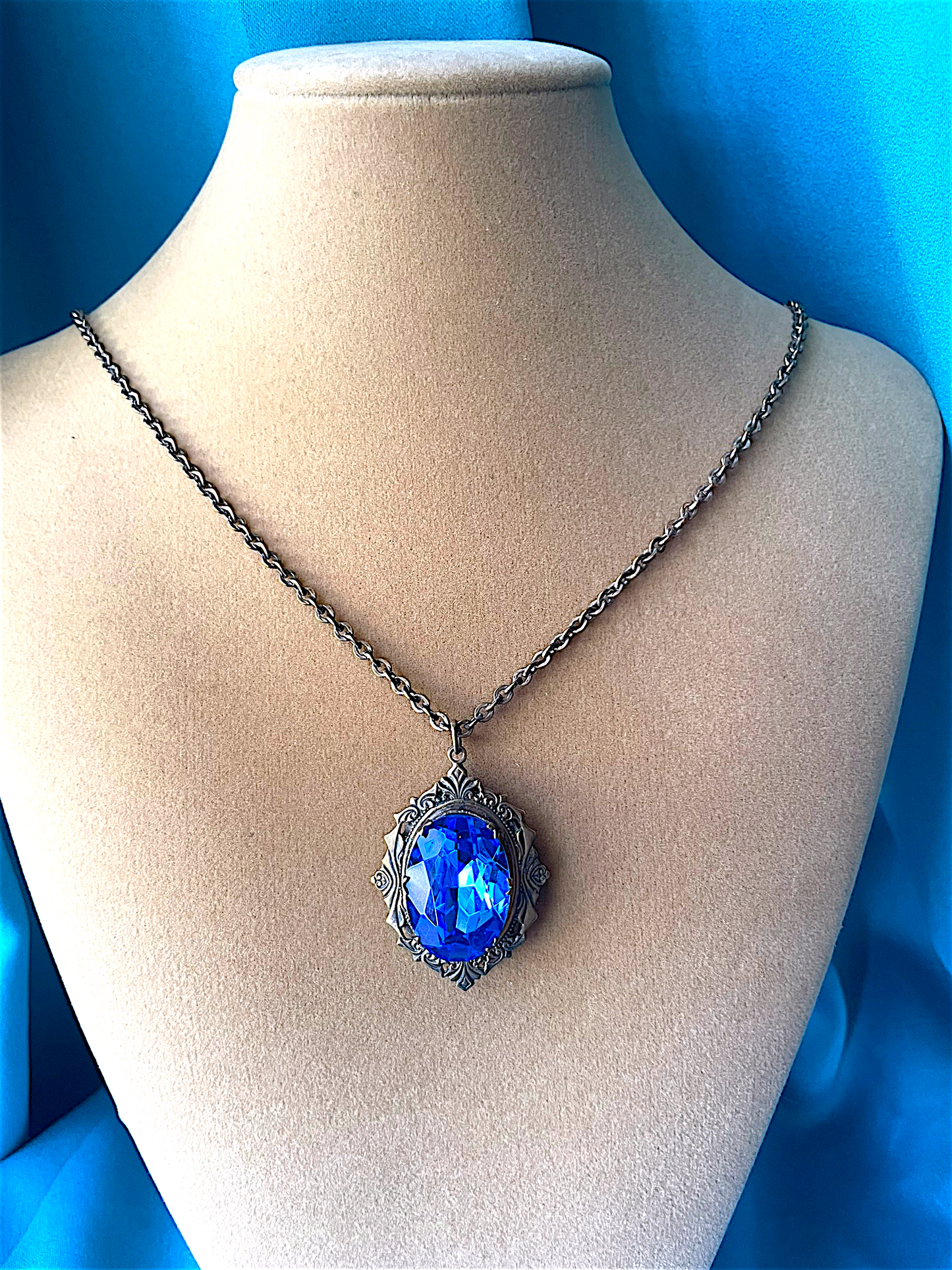 Huge Royal Blue Faceted Crystal Art Nouveau Brass Photo Locket Necklace