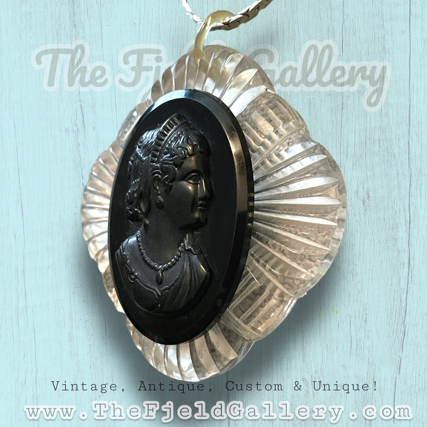Antique 1920’s Celluloid & Lucite Molded Plastic Black & Clear Mourning Cameo Necklace