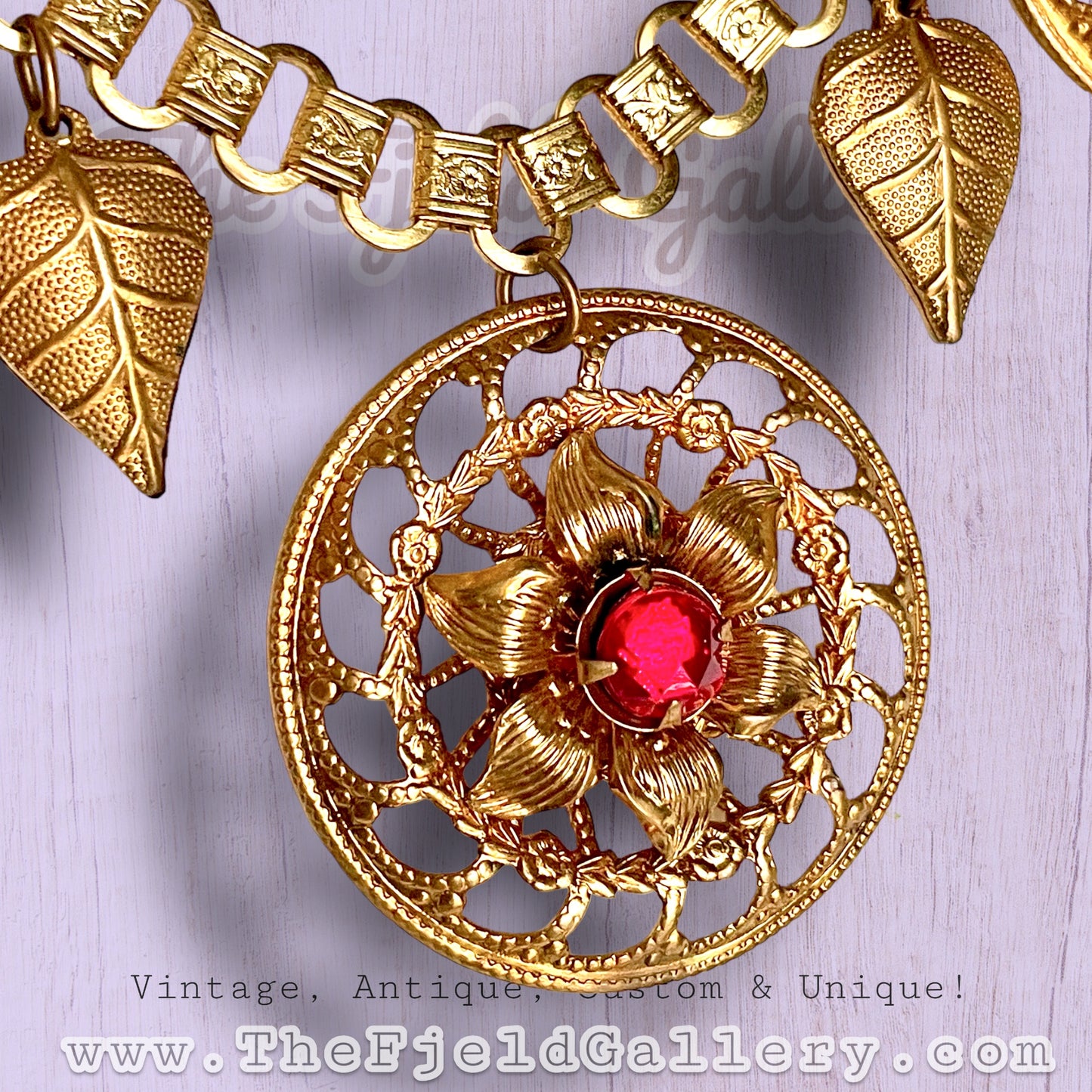 Victorian Bookchain with Ruby Red Art Glass & Gold Filigree Leaf Charm Necklace