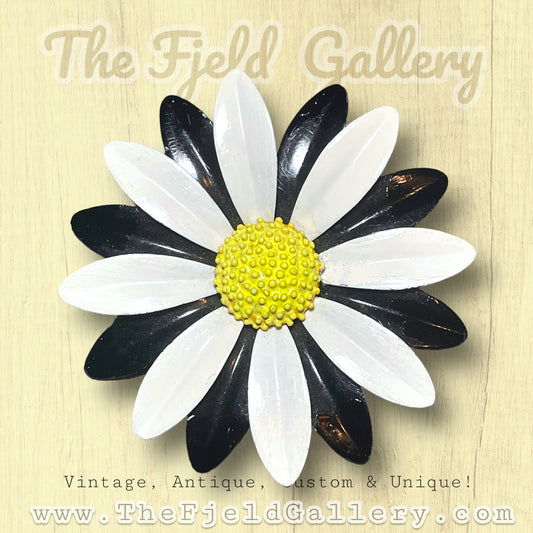 Vintage Yellow, Black & White Enamel Metal Daisy Flower Brooch