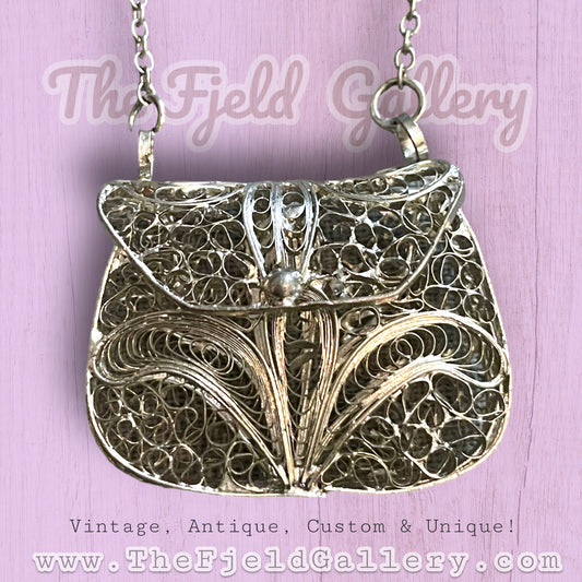 Antique Silver Filigree Articulating Purse Necklace
