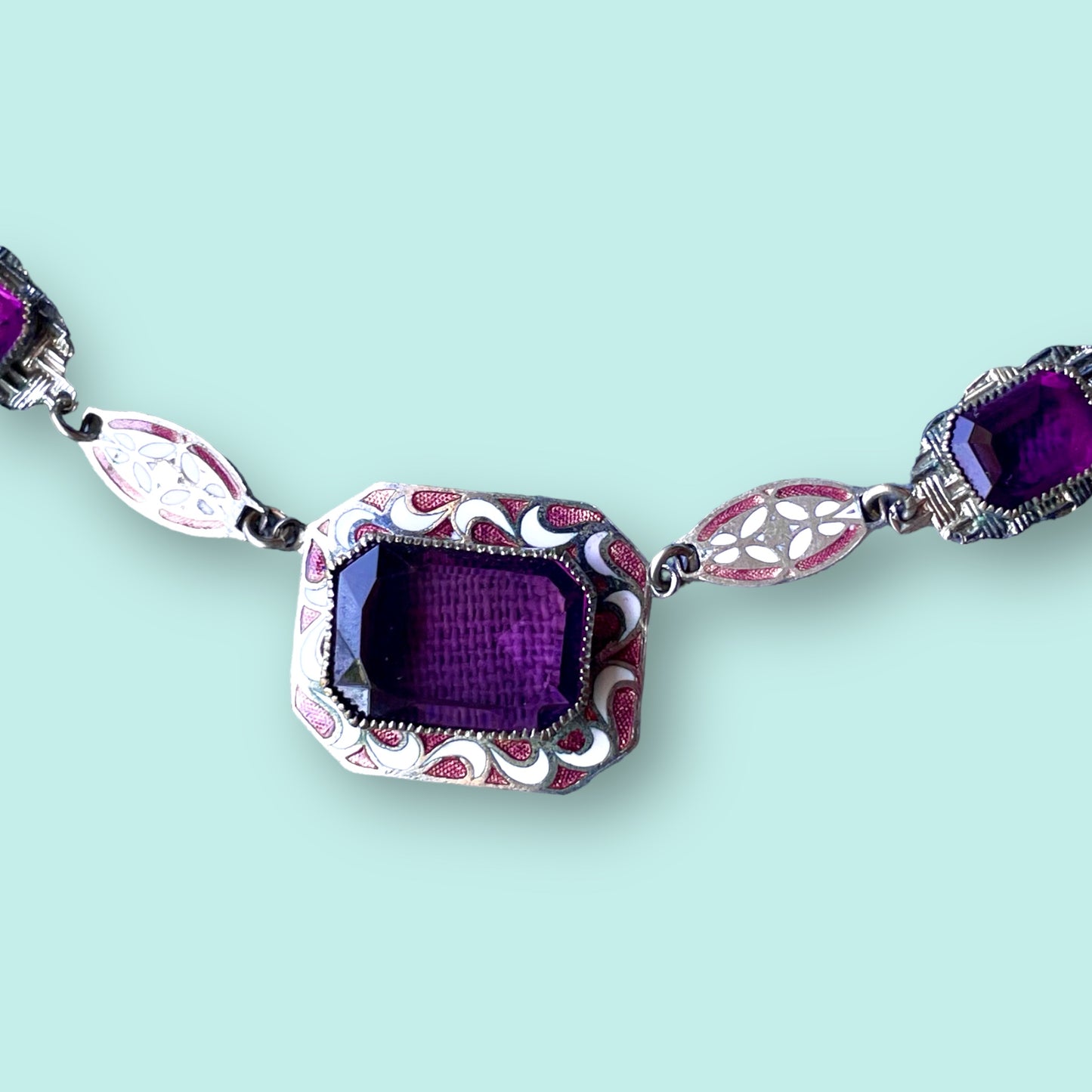 Art Deco Purple Art Glass & Enamel Necklace