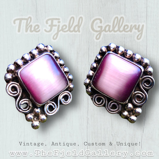 Vintage Purple Cat Eye Art Glass Square Cabochon Bezel set in Sterling Silver Mexican Pierced Post Earrings