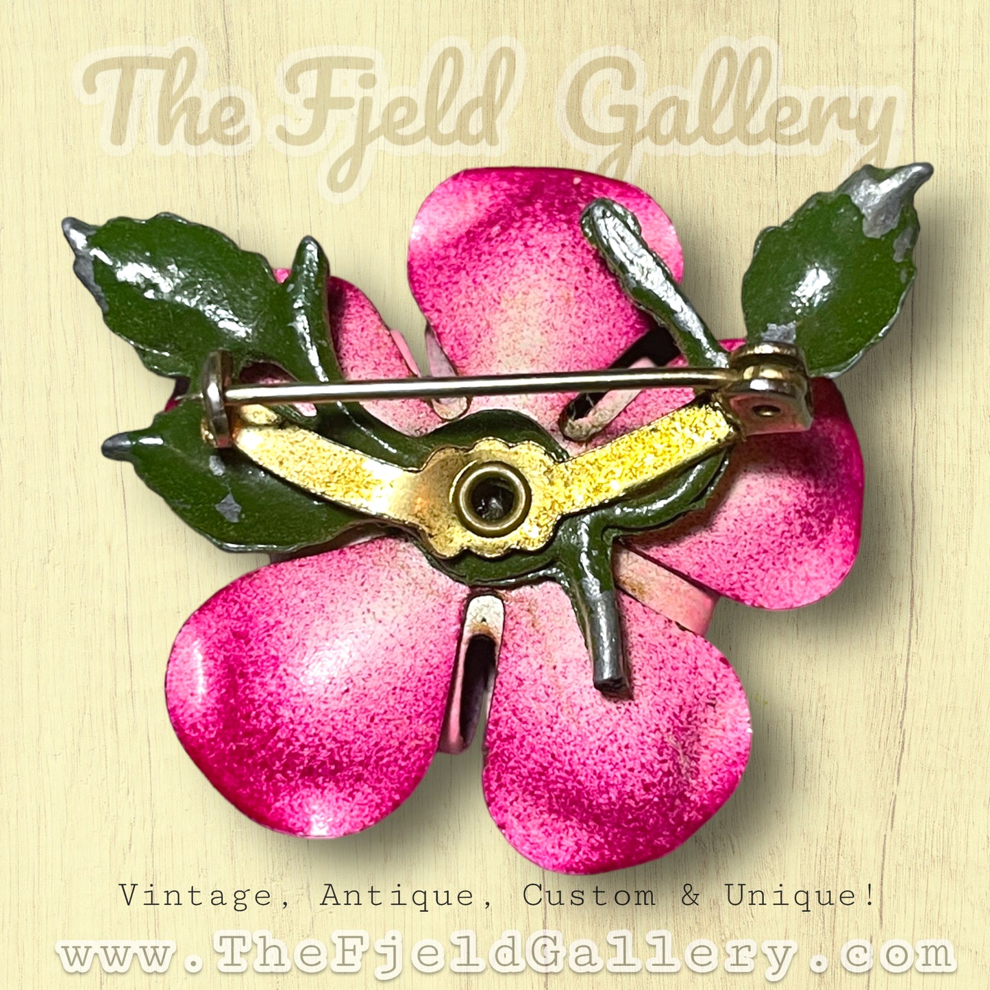 Vintage Pink, Red & Green Enamel Metal Flower Brooch