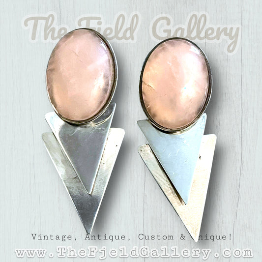 Rose Quartz Sterling Silver Geometric Articulating Large Earrings