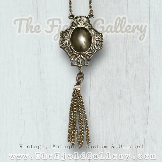 Vintage Chunky Unique Hematite & Silver Tassel Art Deco Pendant Long Lavaliere Necklace