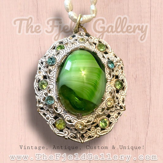 West German Green Marbled Art Glass White Enamel Brass Filigree Pendant on Natural Pearl Necklace