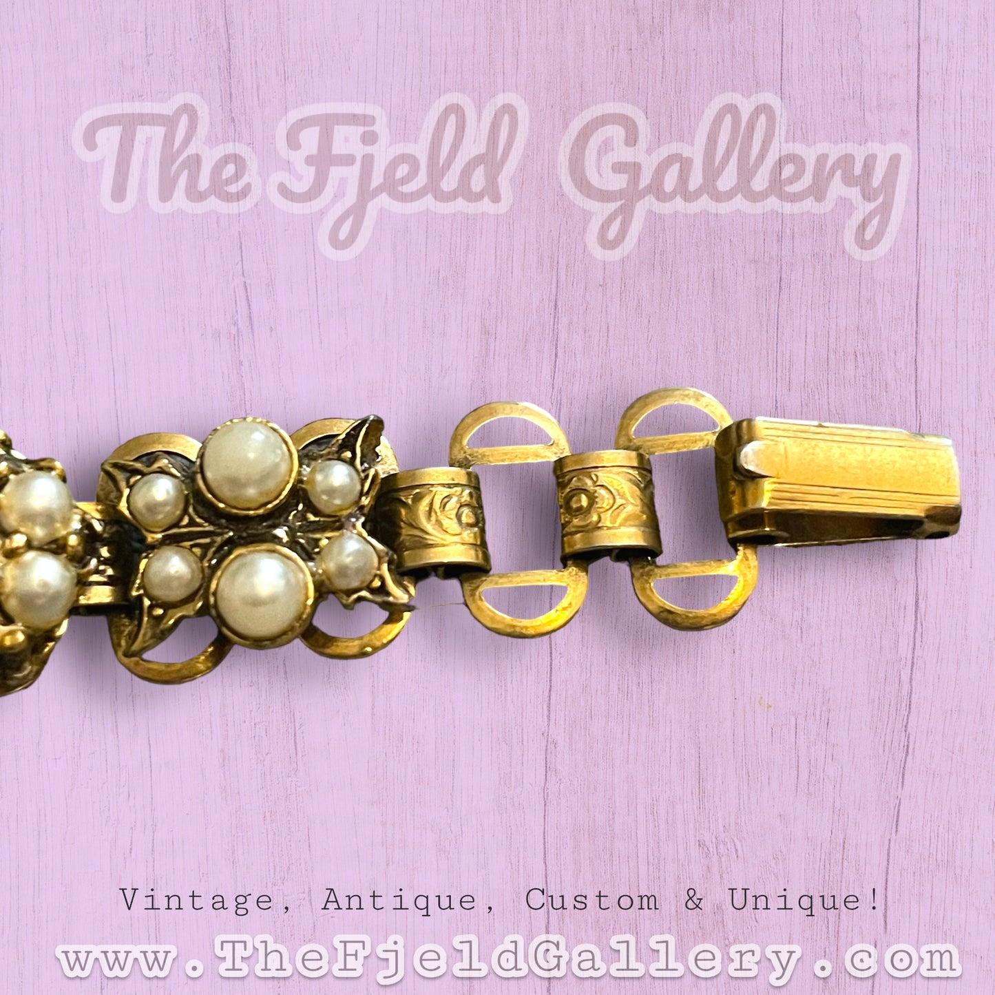 Vintage Cluster Pearl Victorian Bookchain Gold Bracelet