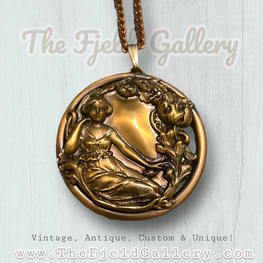 Vintage 1960 Art Nouveau Revival Gold Brass Woman & Flower Circle Pendant Necklace