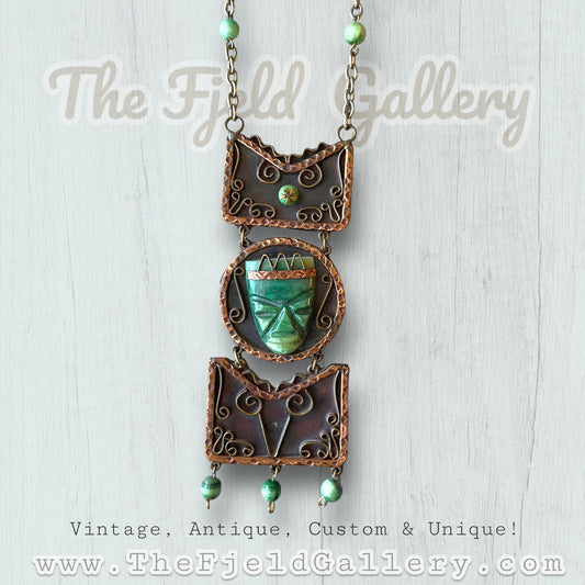Vintage Green Jadeite Carved Face Mask Copper Necklace