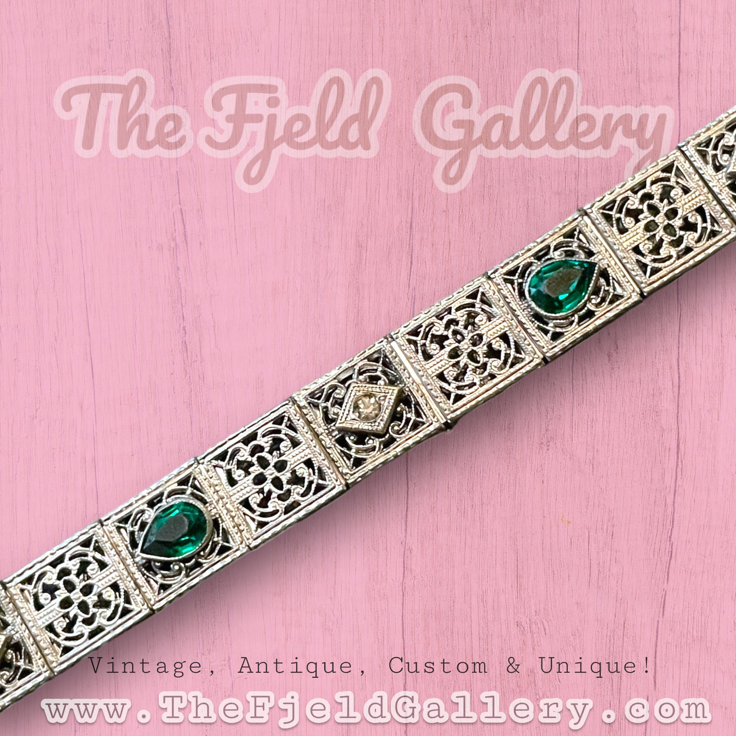Antique Rhodium Plated Silver Filigree Bracelet with Emerald & White Crystal Bezel Set