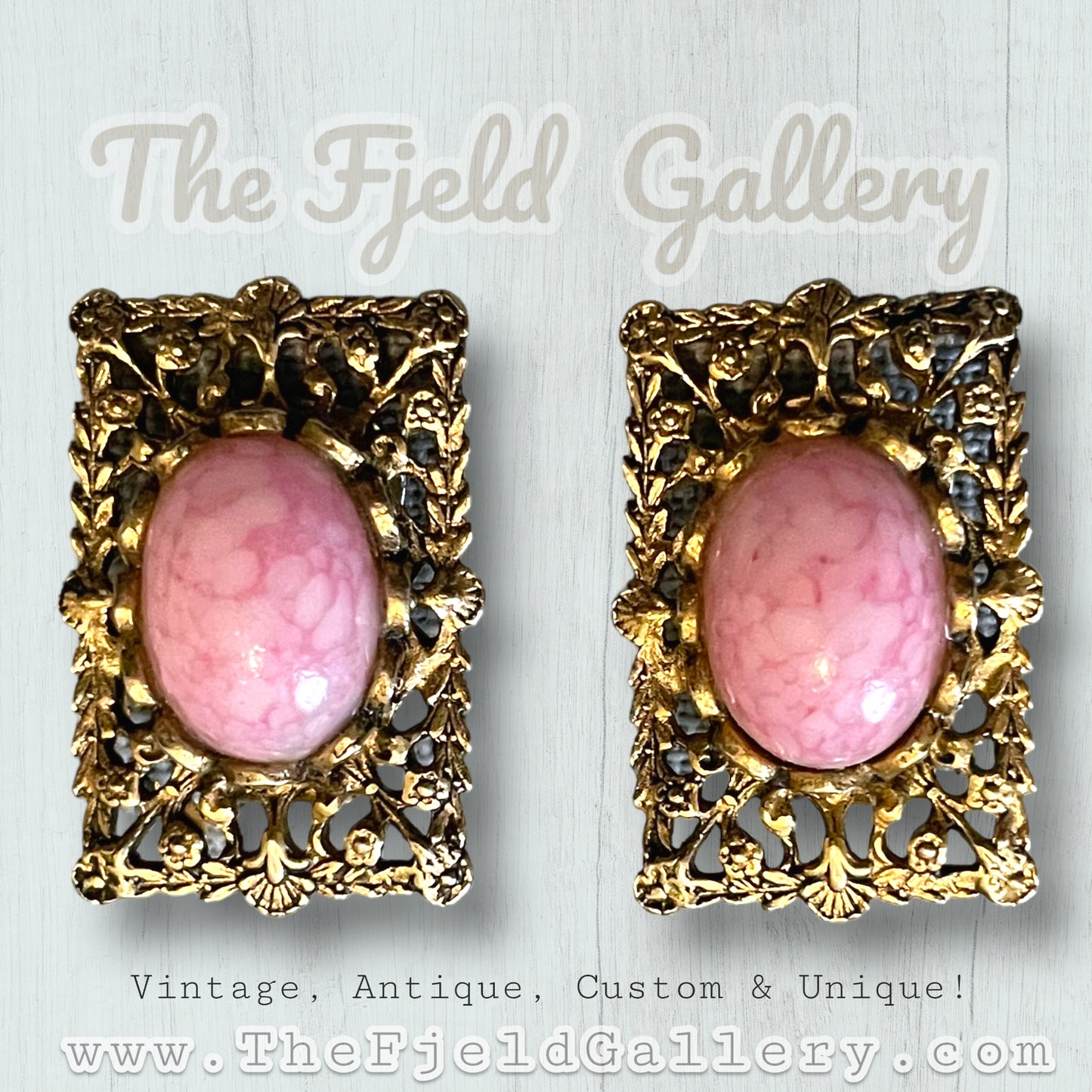 Vintage Pink Czech Art Glass Bezel Set in Gilded Ornate Brass Chunky Bracelet & Earring Set