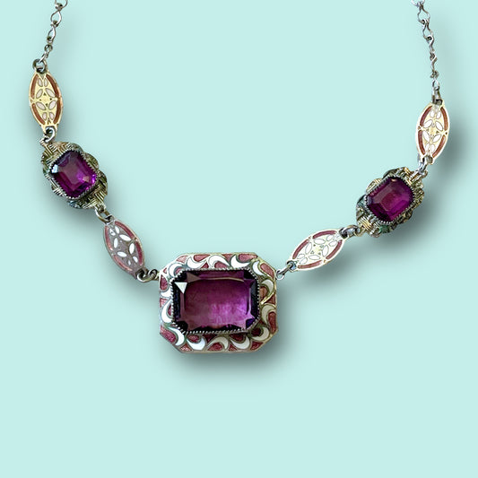 Art Deco Purple Art Glass & Enamel Necklace