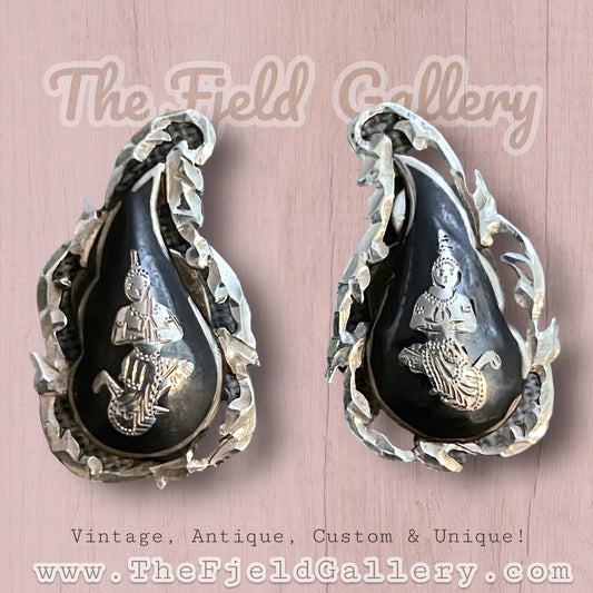 Vintage Siam Nielloware Sterling Silver Goddess Earrings
