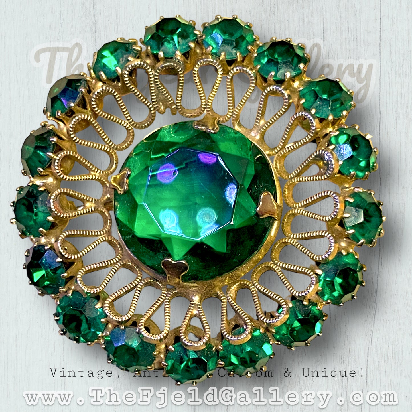 Hollywood Regency Emerald Green Aurora Borealis Crystal Starburst Brooch