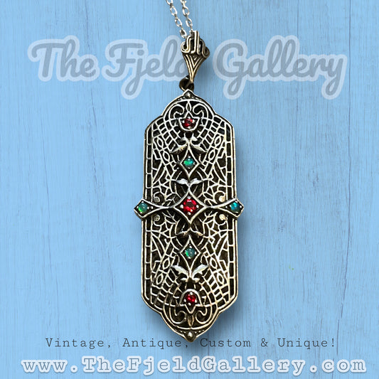 Sterling Silver Filigree Necklace with Green Fire Opal & Ruby Gemstones