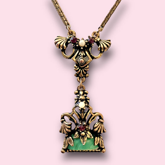 Art Nouveau Marbled Green Celluloid, Purple Crystal & Pearl Gold Scallop Shell Necklace
